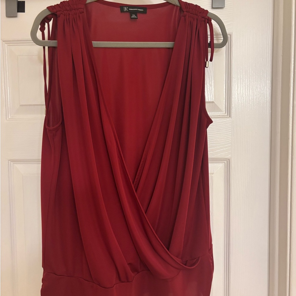 INC International Concepts garnet/burgandy Red Draped V-Neck Sleeveless top.